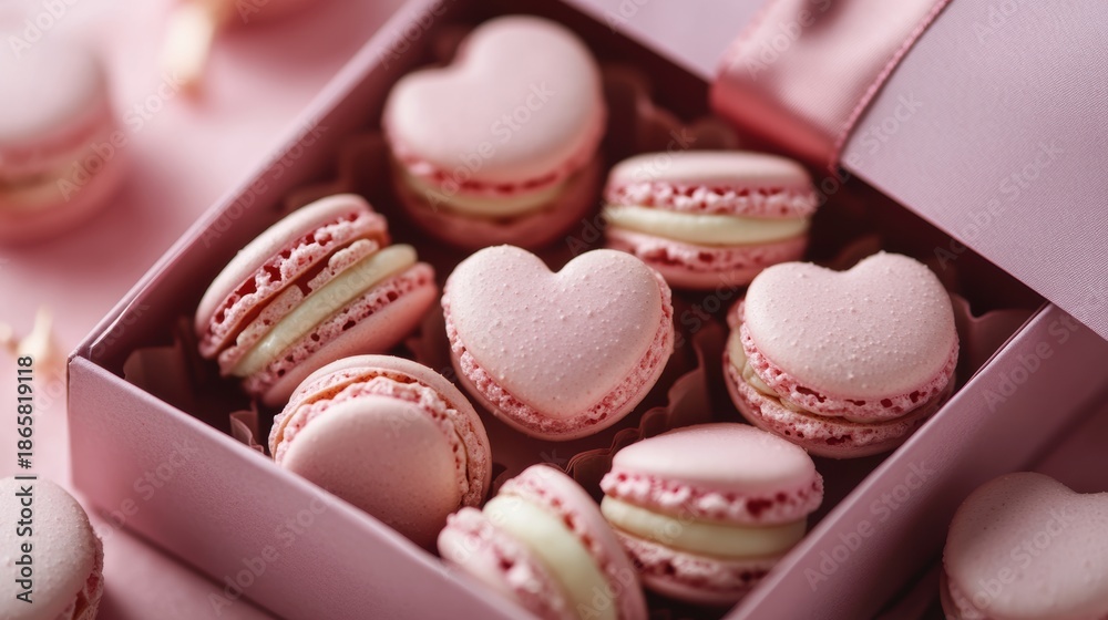 Obraz premium Macarons in heart shape in gift box isolated on pink background,events,aniversary festival gift set,french macaron cookies,trendy 2026,couple valentine Romantic love or pastry shop.