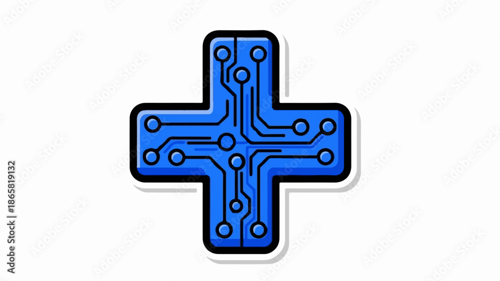 Obraz premium A blue cross shape resembling a circuit board with nodes and lines
