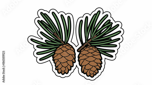 A cartoon illustration of two brown pine cones with green needles