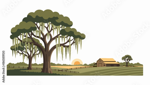 A pastoral scene featuring large oak trees draped with Spanish moss beside a barn and fields at sunset