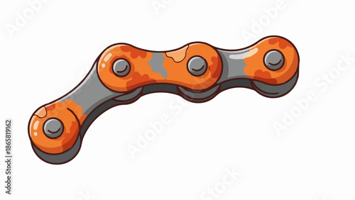 A cartoon illustration shows a section of rusty bicycle chain, rendered in grey and orange hues