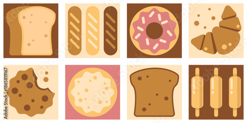 Geometric pattern for bakery design. Vector illustration of seamless tiles with doodle bread, baguette, croissant, cookie, donut and rolling pin, fresh baked food, hand drawn pastry menu mosaic