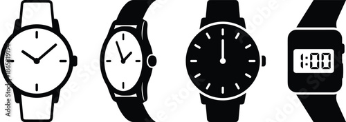 Collection of wristwatch icons showing analog and digital watches, modern flat silhouette design for time, fashion, gadget and technology illustration