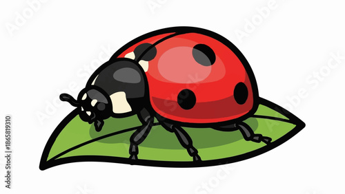 A red ladybug with black spots rests on a bright green leaf