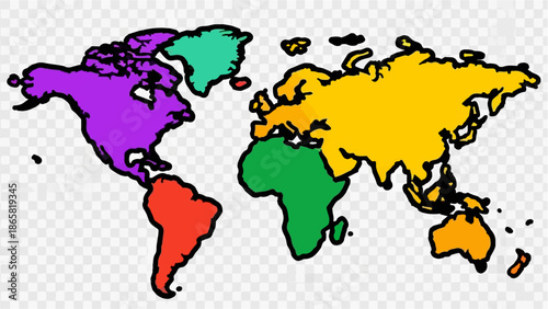 A cartoonish world map with continents depicted in vibrant, distinct colors against a transparent background