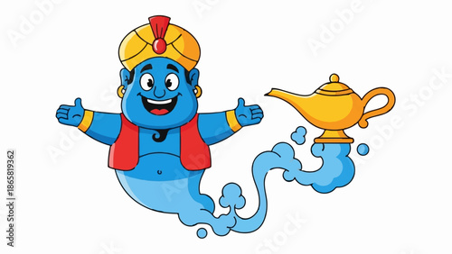 A blue genie in a yellow turban and red vest emerges from smoke next to a magic lamp