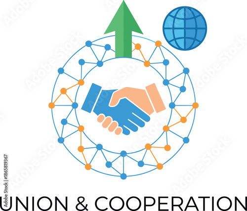 Global cooperation and partnership success concept showing teamwork, unity, business collaboration network and growth with handshake and upward arrow illustration