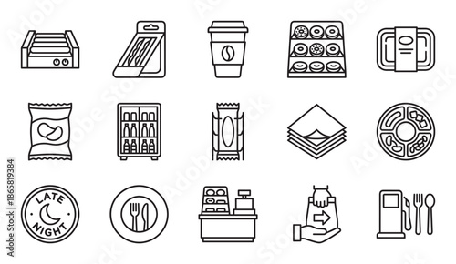 Set of black line art icons representing convenience store items like coffee, sandwiches, and snacks, illustrating concepts of fast food, gas station services, and late night takeaway