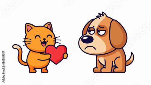 A happy cat offers a heart to a sad, unimpressed dog
