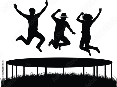 Happy people jumping on trampoline silhouette, outdoor fun activity symbolizing joy, freedom, fitness, friendship and exciting recreational entertainment illustration