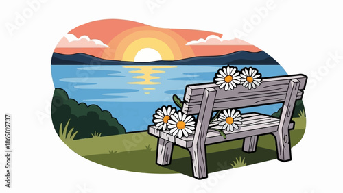 A peaceful scene with a wooden bench adorned with daisies by a calm lake at sunset