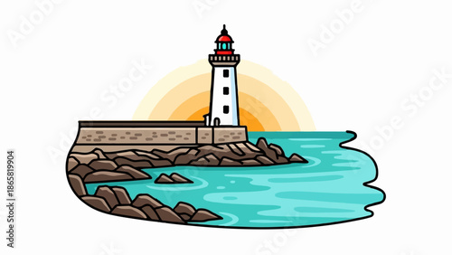 A cartoon lighthouse stands tall on rocky shores, bathed in the warm glow of a setting sun