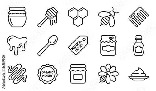 Set of honey and beekeeping icons in a minimalist black outline style, featuring a bee, honeycomb, jar, dipper, spoon, flower, and organic product labels for natural food