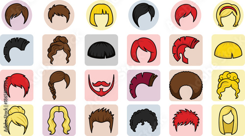 Colorful collection of cartoon hairstyle icons and haircuts, diverse male and female hair styles set for avatar design and beauty concepts
