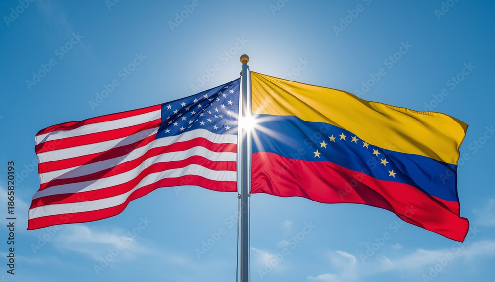 Obraz premium The flags of the United States and Venezuela waving in the wind against a blue sky