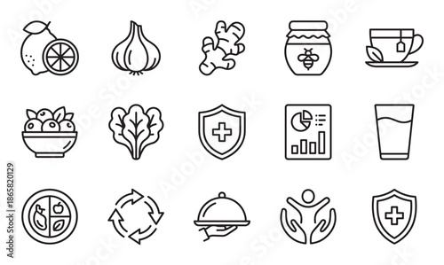 Set of black line icons representing health and immunity with symbols for nutrition, wellness, and a balanced diet including lemon, garlic, ginger, honey, and tea