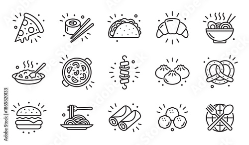 Collection of black line food icons representing various international cuisines like pizza, sushi, tacos, pasta, and burgers in a simple, minimalist vector graphic style