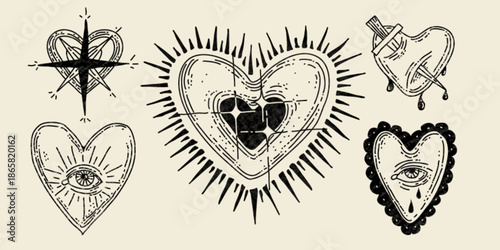 Mexican heart tattoo set isolated on white. Vector illustration of hand drawn black sacred heart icons with star, crying eye, bloody dagger, thorns, gothic spiritual stickers, traditional love symbol