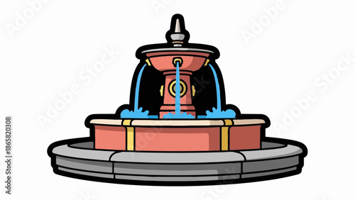 A cartoon-style fountain with cascading water and colorful architectural elements