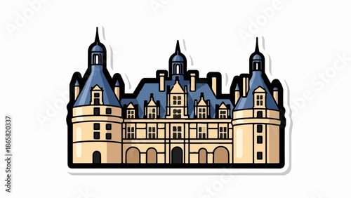 A cartoon-style illustration depicts a grand, multi-turreted building with a blue roof and beige walls