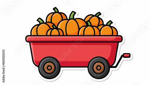 A red wagon overflows with ripe orange pumpkins, ready for autumn harvest