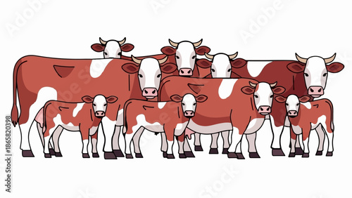 A herd of red and white spotted cows and calves stand in a line