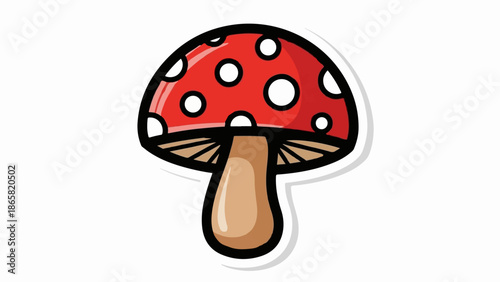 A cartoon-style red mushroom with white spots and a brown stem