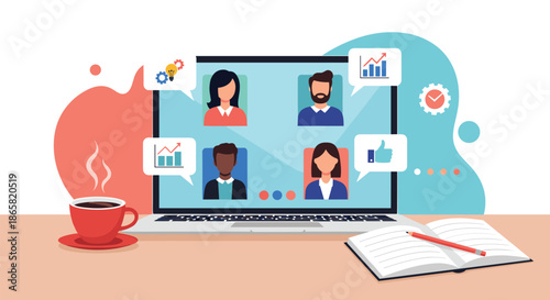 Collaborative online meeting displayed on a laptop screen featuring diverse participants alongside a notebook and coffee cup.
