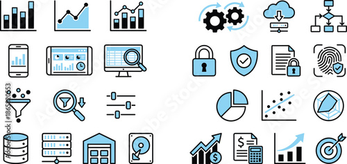Modern data analytics and cybersecurity icon set with charts, cloud storage, privacy protection, business growth, finance strategy and technology concepts
