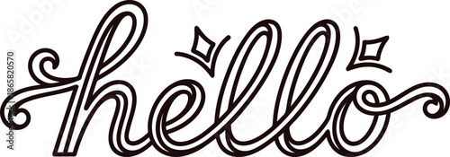 Hello greeting text in fancy cursive font with decorative elements