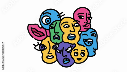 A chaotic cluster of vibrant, cartoonish faces expressing a range of emotions