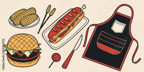 Collection of classic barbecue icons featuring grilled corn on the cob a hearty hamburger a loaded hot dog and a cooking apron for summer cookouts
