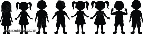 Silhouette of group of children standing together, boys and girls in various poses, kid figures illustration for education and family design