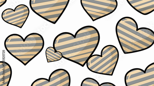 A repeating pattern of beige and grey striped hearts on a white background