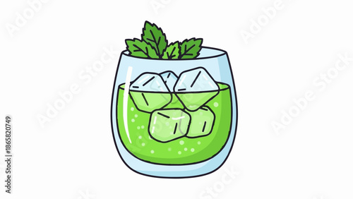 A refreshing green beverage in a glass with ice cubes and mint leaves