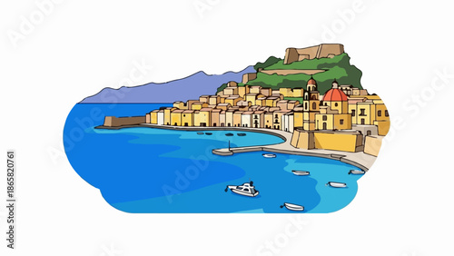 A charming coastal village with yellow buildings and a red-domed church sits on a hill