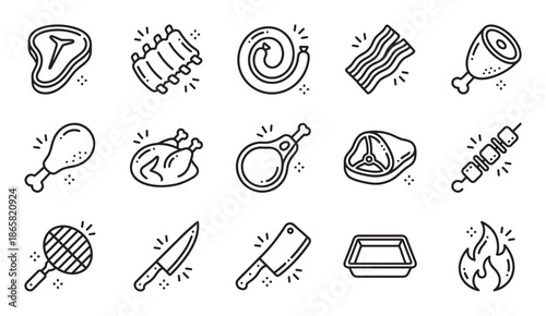 Collection of meat and barbecue outline icons showing steak, ribs, sausage, chicken, bacon, kebab, and grilling tools like a knife, cleaver, and a fire symbol