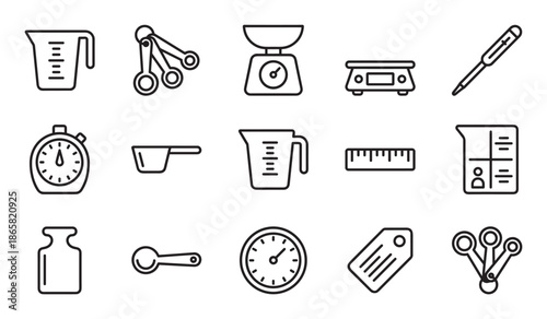 Set of black line art icons showing various measurement tools for cooking and science, including scales, cups, spoons, a timer, a ruler, and a thermometer in a minimalist style