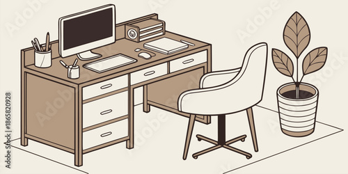 Modern ergonomic office chair sits next to a computer desk setup with a potted plant.