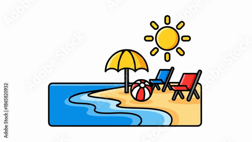 A cheerful cartoon beach scene with a bright sun, yellow umbrella, beach ball, and two chairs