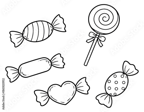 Hand drawn line art candy set featuring various wrapped candies and a swirl lollipop for dessert and celebration designs
