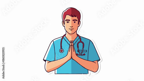 A person in medical attire with a stethoscope clasped hands