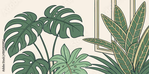 Lush green monstera deliciosa and patterned tropical foliage plants illustrated beautifully beside a simple geometric window frame design