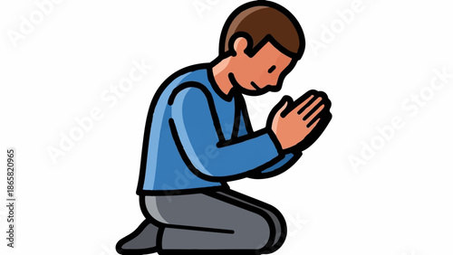 A person kneels with hands clasped in prayer, depicted in a simple cartoon style