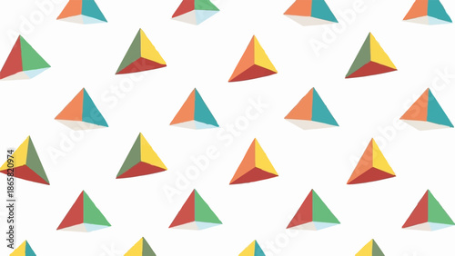 A repeating pattern of colorful geometric tetrahedrons against a white background