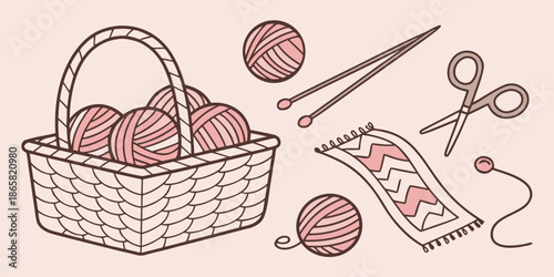 Charming illustration featuring a woven basket overflowing with pink yarn balls knitting needles scissors and a small finished textile project for crafting hobbies.