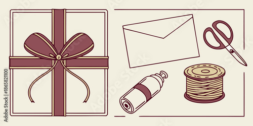 Assortment of charming gift wrapping and crafting supplies including a wrapped present envelope scissors twine and adhesive ready for a special occasion presentation