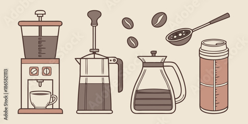 Collection of stylized coffee making equipment including a drip machine moka pot carafe and measuring spoon with floating beans illustrates morning beverage preparation.