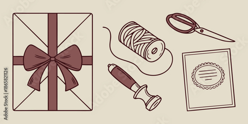 Hand drawn collection of various gift wrapping supplies including a neatly tied present a spool of twine scissors a wax seal and a blank card design