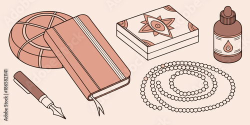 Collection of esoteric objects including a notebook crystal ball beads ink bottle and decorative box for occult practices illustration